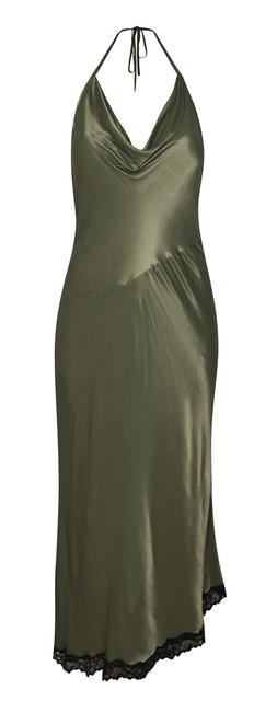 Dark Khaki Halterneck Lace Trim Asymmetric Midi Dress, £35.99