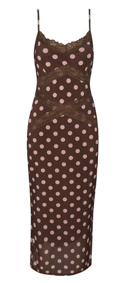 Brown Spot Print Lace Trim Mesh Midi Dress, £32.99