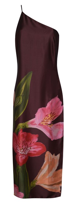Brown Satin Floral One Shoulder Midi Dress £39.99