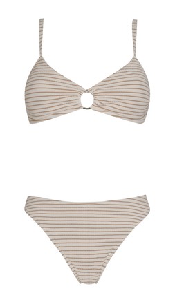 Brown Striped Crinkled O Ring Bikini Top, £16.99, Brown Striped Crinkled High Leg Hipster Bikini Bottoms, £12.99