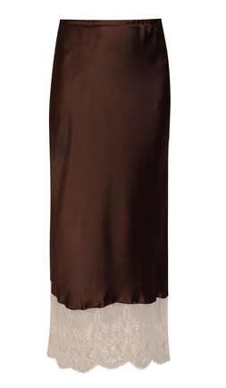 Dark Brown Satin Lace Hem Bias Cut Midi Skirt £27.99