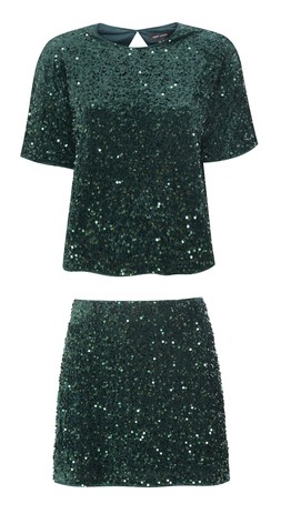 Dark Green Velvet Sequin Embellished T-Shirt, £25.99, Dark Green Velvet Sequin Embellished A-Line Mini Skirt, £24.99, SET