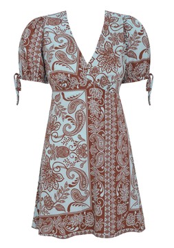 Blue Paisley Print V-Neck Tie Sleeve Mini Dress, £23.99 (929080249)
