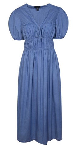 Blue V Neck Shirred Bodice Bow Front Midi Dress £34.99 (922059848)