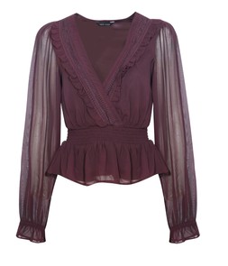 Burgundy V-Neck Shirred Waist Peplum Hem Blouse, £29.99 (932152467)