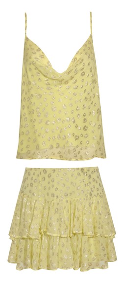 New Look Bright Yellow Metallic Jacquard Cowl Neck Cami Top £25.99, Bright Yellow Metallic Jacquard Ruffle Mini Skirt £32.99
