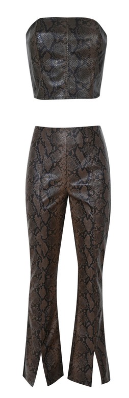New Look Brown Snake Print Faux Leather Bandeau Top £22.99, €29.99, New Look Brown Snakeskin Effect Faux Leather Trousers £35.99, €46.99