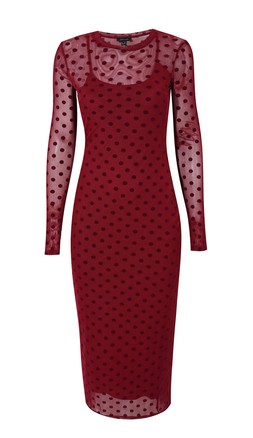 New Look Burgundy Flocked Polka Dot Long Sleeve Mesh Midi Dress £31.99, €39.99