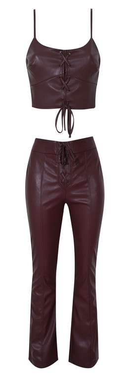 New Look Burgundy Lace Up Faux Leather Crop Top £23.99, €29.99, New Look Burgundy Lace Up Flared Faux Leather Trousers £32.99, €44.99