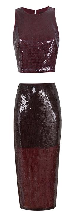 New Look Burgundy Sequinned Cropped Top £27.99, €39.99, New Look Burgundy Sequinned Midi Skirt £39.99, €49.99