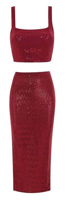 New Look Burgundy Sequinned Stretch Crop Top £16.99, €22.99, New Look Burgundy Sequinned Stretch Jersey Midi Skirt £24.99, €33.99