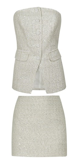 New Look Cream Sequinned Boucle Bustier Waistcoat £39.99, €49.99, New Look Cream Sequin Boucle Mini Skirt £32.99, €44.99