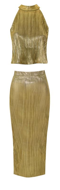 New Look Gold Plisse Halterneck Top £23.99, €29.99, New Look Gold Plisse Midi Skirt £32.99, €44.99