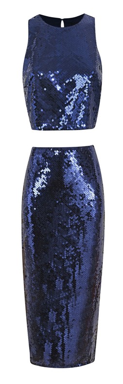 New Look Navy Sequinned Cropped Top £27.99, 39.99, New Look Navy Sequinned Midi Skirt £39.99, €49.99