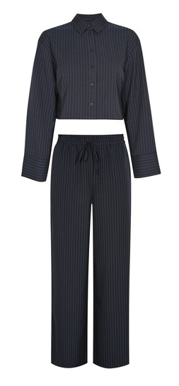 New Look Navy Striped Cropped Button Through Shirt £25.99, €33.99, New Look Navy Pinstripe Drawstring Wide Leg Trousers £29.99, €39.99.