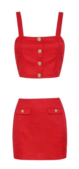 New Look Red Boucle Button Detail Crop Top £19.99, €25.99 , New Look Red Boucle A-Line Mini Skirt £23.99, €29.99