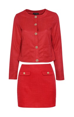 New Look Red Boucle Jersey Cardigan £29.99, €39.99, New Look Red Boucle A-Line Mini Skirt £23.99, €29.99
