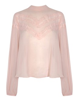 Pink Chiffon Lace Trimmed High Neck Blouse, £29.99 (936462473)