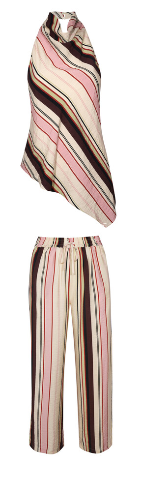 Pink Crinkle Texture Diagonal Stripe Cowl Neck Halter Top £25.99 & Cream Striped Drawstring Wide Leg Trousers £29.99 from New Look
