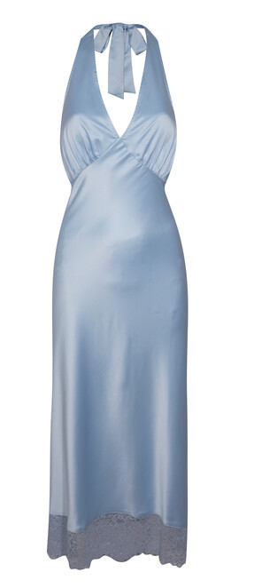 Light Blue Satin Lace Trim Halteneck Midi Dress ,£39.99 from New Look