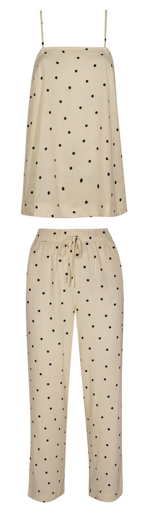 Cream Linen Rich Polka Dot Removable Strap Bandeau Top £25.99 & White Linen Rich Spot Print Wide Leg Trousers £32.99 from New Look