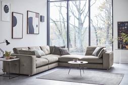 Grand Designs Tenby left-hand facing corner sofa in mink velvet, available exclusively at DFS