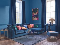 DFS Plush large chaise sofa in dark blue velvet