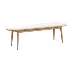 Dwell Luto dining bench in white washed oak and ivory boucle, available at DFS