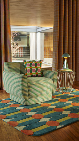 Yinka Ilori Sweet Flows Swivel Chair Woven Jacquard Green £299 & SUPPLIER LINE | Yinka Ilori Sweet Flows Cushion 43x43 Pink Green £28 & Yinka Ilori Rhythm Geo Rug 160x230cm £205