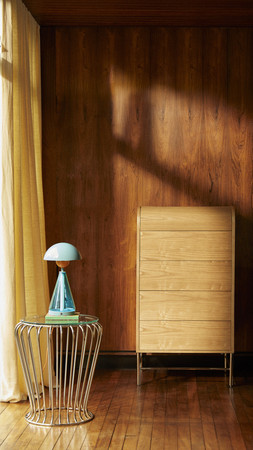 Yinka Half Log 5 Drawer Chest Oak Effect £599 & Yinka Trumpet Steel Side Table Chrome £99 & Yinka Bell LED Lamp £65