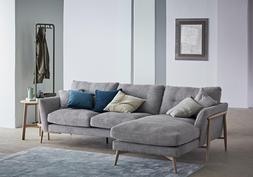 Furniture Village – ercol Bellaria Chaise Sofa, &pound;2,205, Madrid Table Lamp, &pound;189, Chic Fabric Scatter Cushion, &pound;35, Cube Velour Teal Cushion, &pound;29