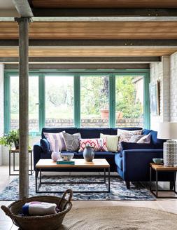 Furniture Village - Brondby Small Fabric Corner Sofa in Plush Navy, &pound;1,295 Globe Coffee Table, &pound;419 Lucida Table Lamp, &pound;249, Globe Nest of Tables, &pound;339 Arela Foam Rug, from &pound;229