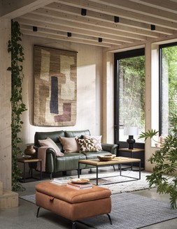 Furniture Village Jude 3-Seater Leather Power Recliner Sofa in Montana Oslo Pine with Telescopic Headrests, &pound;1,995 Jude Fabric Storage Footstool in Pumpkin Dexter, &pound;395 Globe Coffee Table, &pound;419 Globe Nest of Tables, &pound;339 Arran Table Lamp, &pound;159 Boheme Rug in Beige, from &pound;99 Ives Rug in Black/ White, from &pound;99