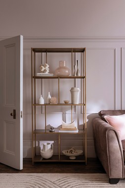 Ardent Shelving Unit in Champagne - £649 & Mariah 3 Seater Fabric Classic Back Sofa in Dapple Chocolate - £1,445