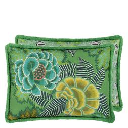ROSE DE DAMAS EMBROIDERED JADE COTTON CUSHION CCDG1468