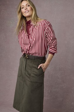 Long Sleeve Printed Cotton Shirt £35 , Rollneck Top £16, Stretch Cord Midi Skirt £36.