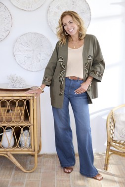 Oversized Embroidered Kimono Ivy Green £75 , Satin Front Vest Light Pebble £35, & Wide Leg Stretch Jean Stonewash £45- Available from 7th May
