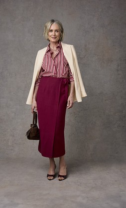 Single Breasted Blazer £59 , Long Sleeve Printed Cotton Shirt £35, Mock Wrap Linen Blend Midi Skirt £39