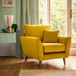 Keswick 4 Seater Chaise Split in Keswick Deluxe Velvet Mustard, £1799. Keswick Chair in Keswick Deluxe Velvet Mustard, £749.