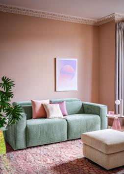 The Horizon 2.5 Seater Double Power Headrest/ Double Power Recliner in Textured Chenille Seafoam, £1599. Horizon Footstool in Textured Chenille Blush, £349
