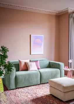 The Horizon 2.5 Seater Double Power Headrest/ Double Power Recliner in Textured Chenille Seafoam, £1599. Horizon Footstool in Textured Chenille Blush, £349