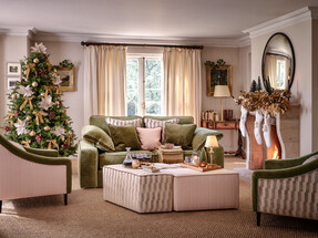 Atelier 3 Seater Full Back Sofa in Atelier Soft Chenille Olive Mix with Gold Contrast Piping, £1899. Atelier Accent Chair in Atelier Soft Chenille Olive/Houndstooth Designer Fabric Natural, £949. from Sofology