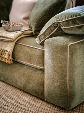 Atelier 3 Seater Full Back Sofa in Atelier Soft Chenille Olive Mix with Gold Contrast Piping, £1899. from Sofology