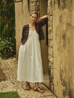 FatFace, Hazel Embroidered Midi Dress £79, Carrie Crochet Cardi £66, Strappy Boho Sandals, £49.50