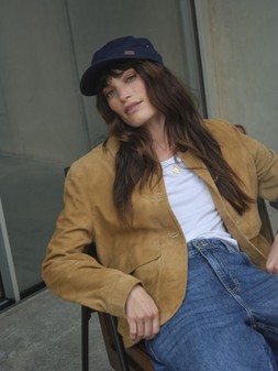FatFace Ivy Tee, £25, E26784 - Eliza Suede Jacket, £199, V02168 - Camber Barrel Jeans, £59, W70099 - Train Driver Har, £18, W75781