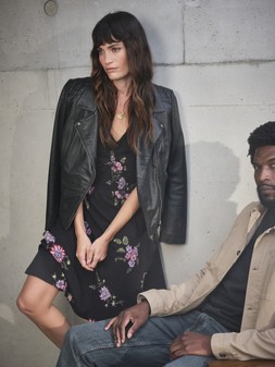 FatFace Sophie Floral Dress, £49.50, H59275 - Bethany Biker Jacket, £199, B29938