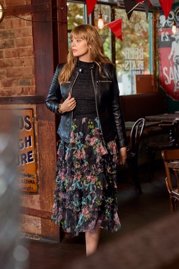 WL078A Victoria Zip Up Biker Jacket Black £199 WU243A Mia Textured High Neck Top Black £40 WS485A Florrie Mesh Ruffle Midi Skirt Black £55 031