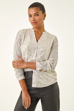 Roman Silver Embellished Sequin Stretch Blouse