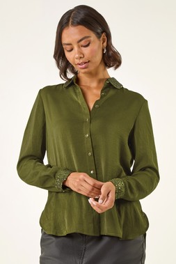 Roman Olive Sequin Collar and Cuff Shirt