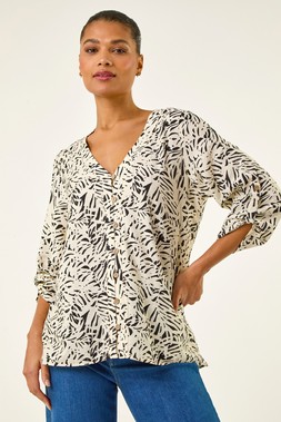Roman Ivory Abstract Print Embellished Button Blouse